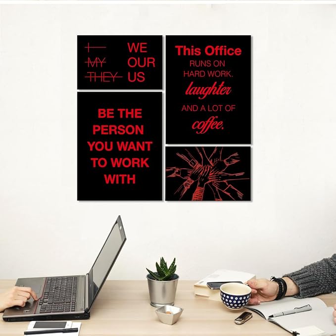 YEOION Motivational Office Wall Art,Inspirational Teamwork Wall Art for Office,Black and Red Positive Teamwork Wall Decor for Workplace Set of 6