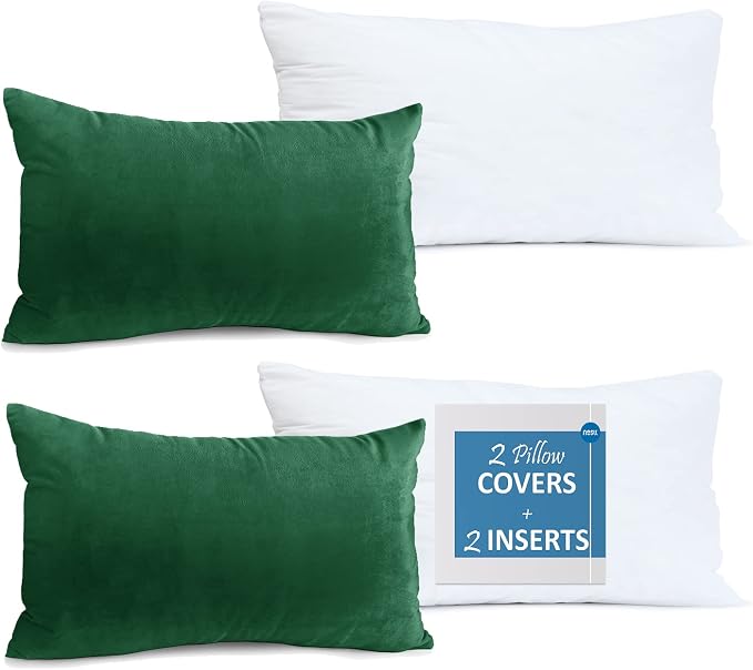 Throw Pillow Inserts Pack of 2 with Velvet Soft Solid Decorative Square Throw Pillow Covers Set for Sofa Couch Car Bedroom, 12X20 Throw Pillows Inserts with 12x18 Washable Cushion Covers, Hunter Green