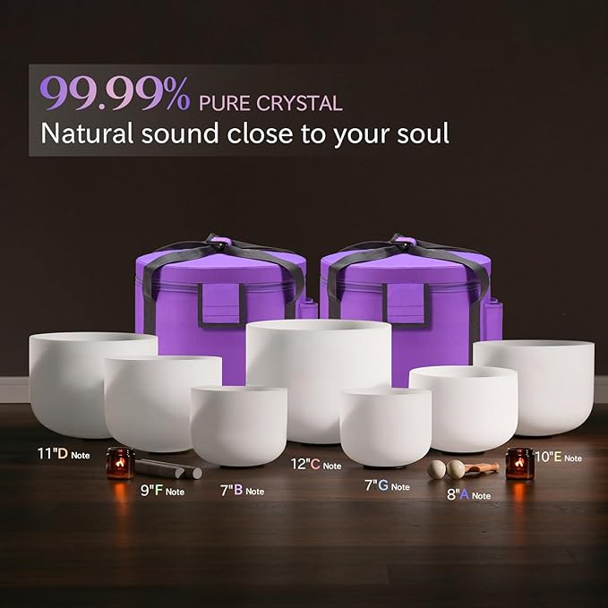 CVNC 432Hz 7-12 Inch Crystal Singing Bowl Set of 7 with 2 Pcs Carrying Case Bag, Frosted Quartz Crystal Sound Bowls for Chakra,Sound Therapy, Meditation Energy