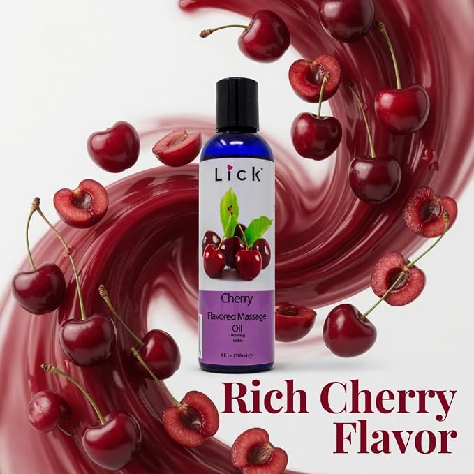 Lick Cherry Flavored Massage Oil – Bold Fruit Edible Massage Oil with Vitamin E, Rich Smooth Body-Safe Glide for Romantic Couples Massage Experiences, 4 oz