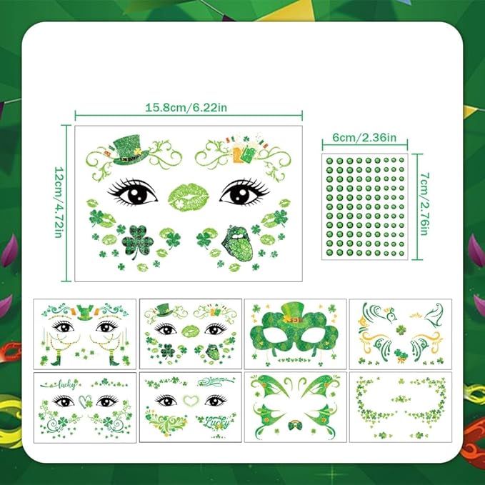 St Patricks Day Temporary Tattoos Green Leaf Blush Face Tattoos Mixed Styles Lucky Clover Shamrock Fake Tattoos Waterproof Freckles Face Tattoo Cute Makeup Stickers with Green Gems for Girls 4 Sheets