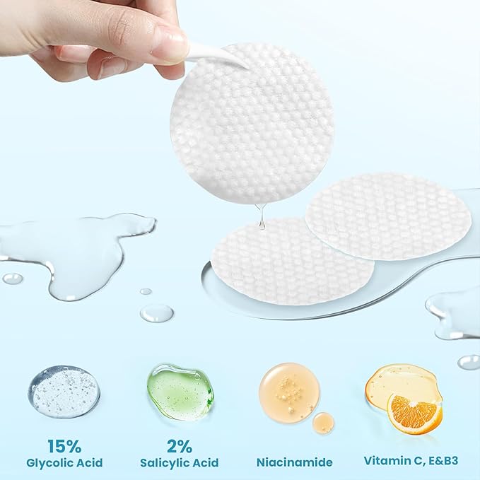Glycolic Acid Resurfacing Pads, 15% Ultra Pure Glycolic Acid & 2% Salicylic Acid Exfoliating Peel for Face, Keeps Skin Smooth and Prevents Wrinkles and Lines, Radiant Skin Renewal - 60 Pads