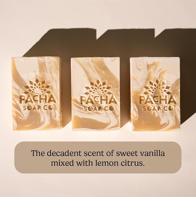 Pacha Soap Co. Bar Soap, Coconut Lemon, 3-Pack (4 oz ea) - Premium, Handcrafted, Hydrating, Natural Face Wash, Hand Cleanser, Body Wash, Soothing Essential Oils
