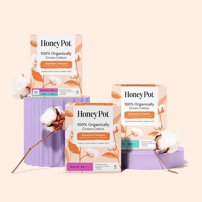 The Honey Pot Company - Regular Absorbency - 100% Organic Cotton Core Tampons w/Bio Plastic Applicator - Feminine Care – Unscented - 54 Count (3 Packs of 18)