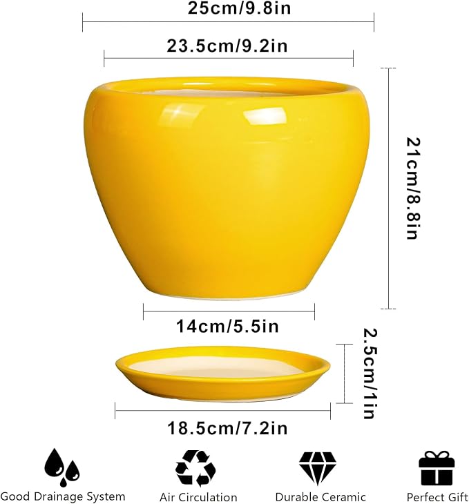 Ceramicfor Ceramic Planter - 10 Inch Plant Pot for Indoor Outdoor Plants Glaze Modern Round Planter with Drainage Hole and Saucer for Garden Office Home Room Patio Decor, Yellow