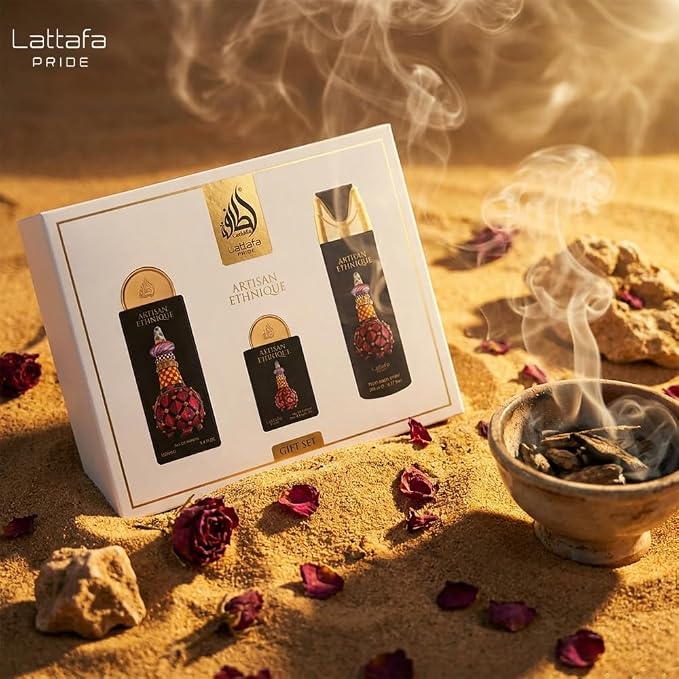 Lattafa Pride Artisan Ethnique – Spicy, Gourmand, Sweet, Ambery – 3-Piece Gift Set for Unisex (3.4 Oz Eau de Parfum Spray + 0.65 Oz Eau de Parfum Spray + 6.67 Oz Deodorant Spray)