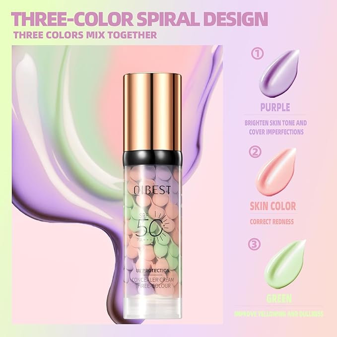 SPF 50 Color Correcting Sunscreen Face Primer, 3 in 1 Three-Colour Color Corrector & Hydrating Concealer Cream, Lightweight Oil-Free, Conceals Dark Circles, Acne Scars, Redness for Radiant Skin