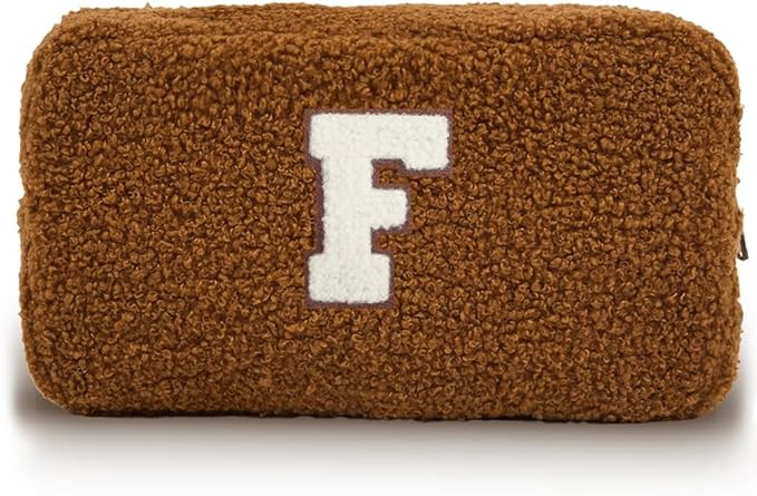 Cute Makeup Bag, Initial Cosmetic Bag, Fuzzy Makeup Bags for Women, Brown Makeup Pouch with Chenille Letter, Monogrammed Gifts for Women, Brown F