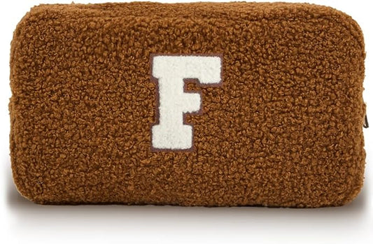 Cute Makeup Bag, Initial Cosmetic Bag, Fuzzy Makeup Bags for Women, Brown Makeup Pouch with Chenille Letter, Monogrammed Gifts for Women, Brown F