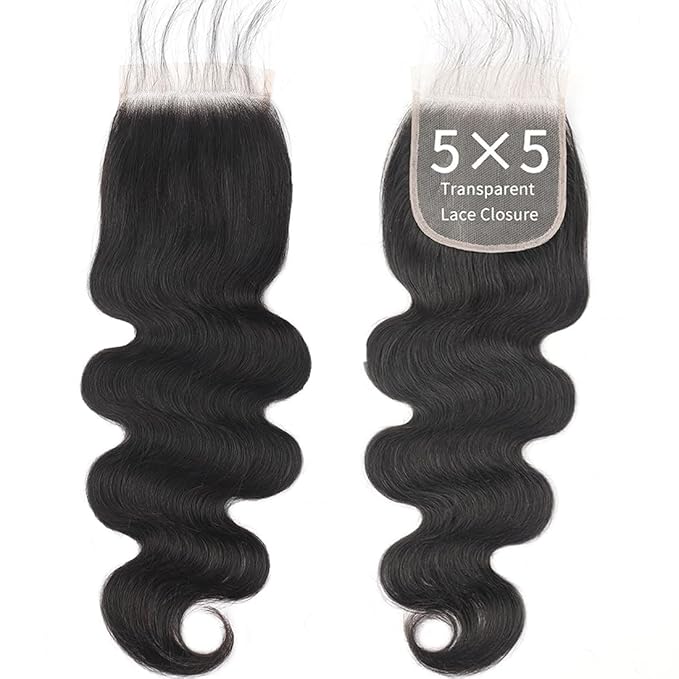 5x5 HD Transparent Closure Body Wave Human Hair Lace Closure Skinlike Brazilian 5x5 Closure 22inch Virgin Body Wave 100% Real Human Hair Free Part Closure Pre Plucked Natural Black Glueless
