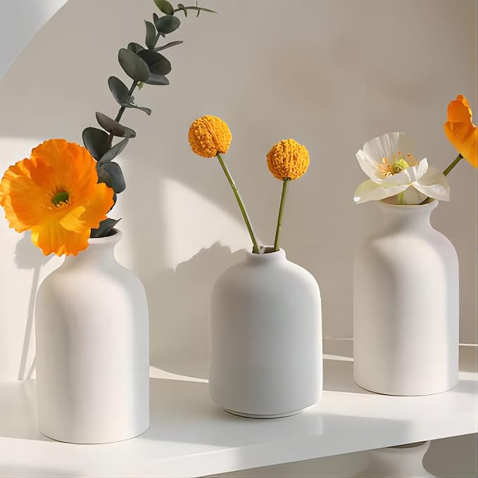 CEMABT White Ceramic vase Set-3 Small Flower vases for Decor,Modern Boho Farmhouse Home Decor,Decorative vase for Pampas Grass&Dried Flowers,idea Shelf,Table,Bookshelf ，Entryway- Distressed