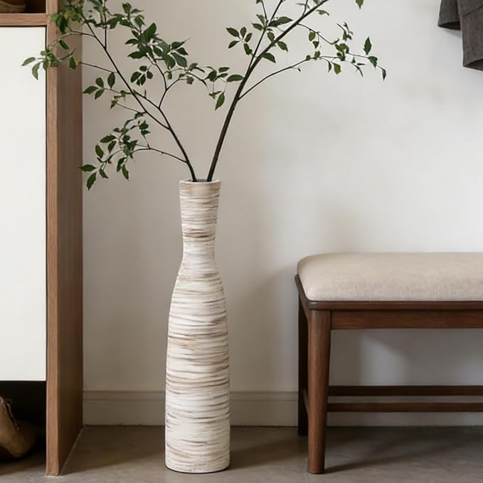 ALMA Tall Skinny Floor Vase, 20" White & Brown Modern Vases for Flower | Thin Decorative Vases, Seasonal Home Refresh, Fits Living Room, Entryway, Fireplace, Home Decor, Weddings and New Home gifts