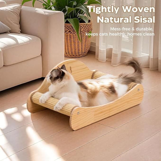 Avont Sisal Cat Scratcher Bed for Indoor Cats, Solid Wood Scratching Lounge | No-Mess Horizontal Scratcher -Large