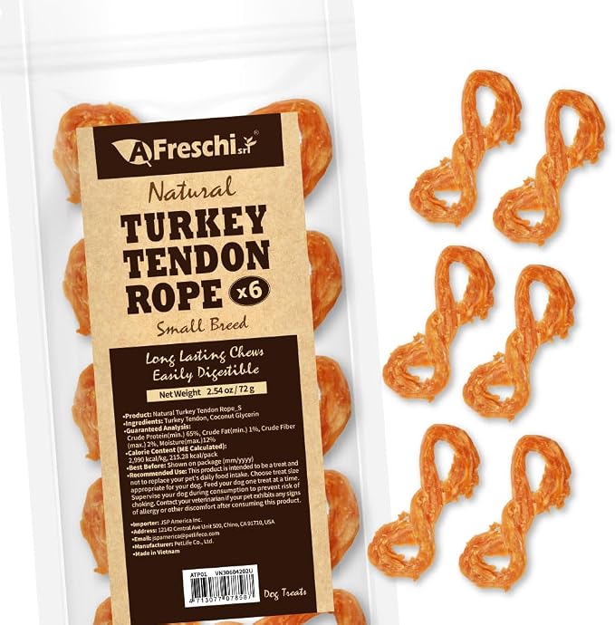 A Freschi srl Turkey Tendons for Dogs, USA-Sourced Human Grade, Rawhide-Free Long-Lasting Puppy Chews, All Natural Hypoallergenic Dog Treats for Small Breeds, Rope (S), 6 Count Pack