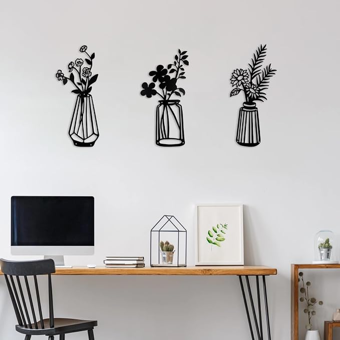 3 Pcs Metal Flowers Wall Arts,Black Metal Vase Wall Art,Iron Art Painting,Rustic Farmhouse Decor Minimalist Flower Decor for Bedroom Bathroom Living Room Dining Room(Black, Vase-B)