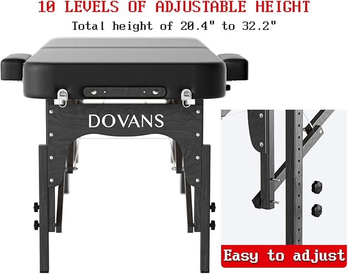Professional Massage Table Portable 2 Fold Premium Elastic Foam Wooden Leg Hold Up to 1100LBS 10 Heights Adjustable with Carrying Bag All Black