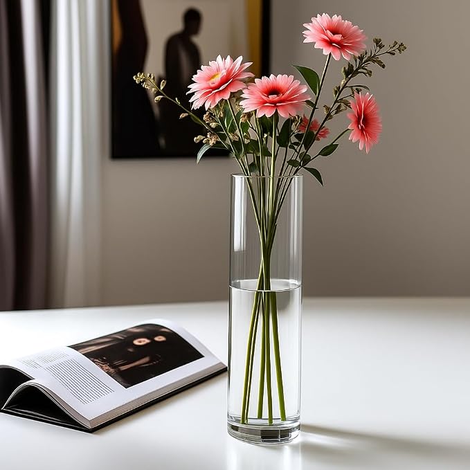 CYS Excel Clear Glass Cylinder Flower Vase, 14" Height x 4" Diameter, Elegant Hand-Blown Glass Wedding Floral Centerpiece Versatile Hurricane Candle Holder