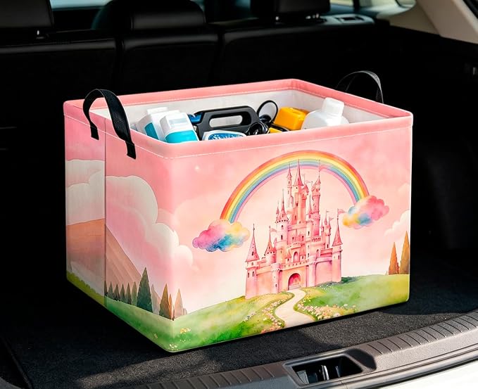 CLOCOR Rectangular Storage Basket Empty,Gift Basket,Waterproof Storage Bin with Handles,Room Decor(Pink Castle)