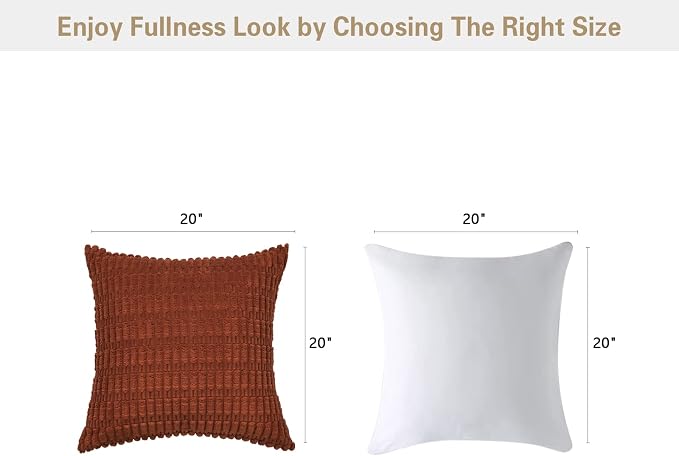 Volcanics Pack of 2 Rust Decorative Throw Pillow Covers 20x20 Inch | Soft Corduroy Striped Square Cushion Cases, Modern Farmhouse Boho Home Decor for Couch Bed Sofa Living Room