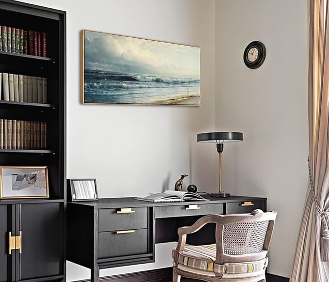 DJSYLIFE Vintage Rockaway Beach Seascape Canvas Wall Art, Framed 20x40 Inch | Large Coastal Decor, Ocean Waves Painting Prints, Ready to Hang for Living Room & Bedroom, Long Pictures for Above of Bed
