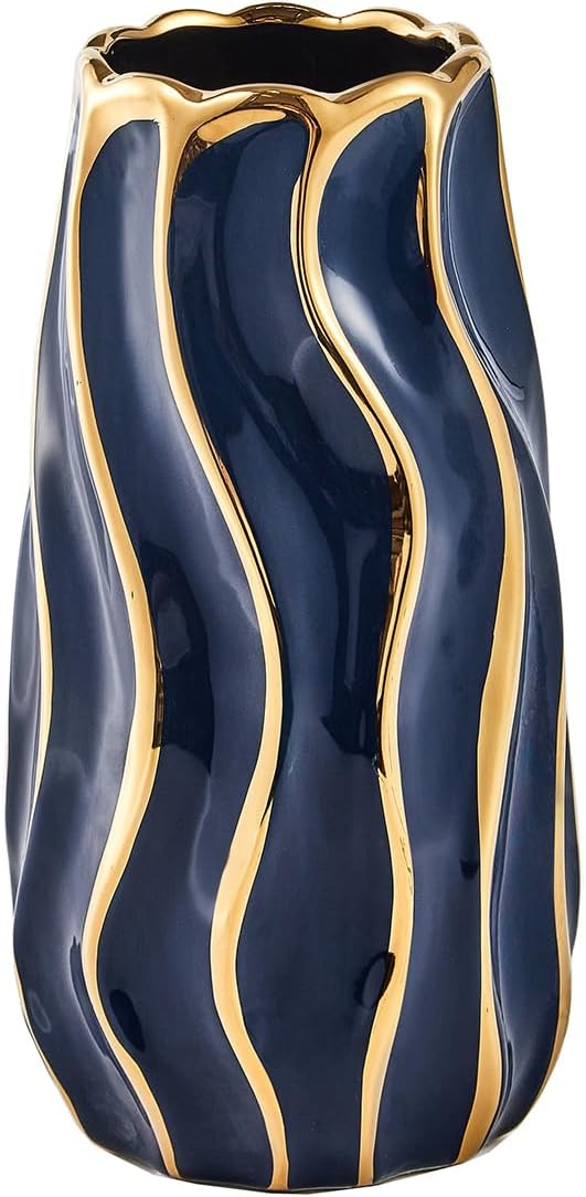 Ceramic Vase for Home Decor,Decorative Flower Vase, Vertical Stripe Ceramic Vases for Home Décor, Bedroom, Office, Living Room, Bathroom, Tabletop Decor, Centerpiece Table Decorations (Blue)