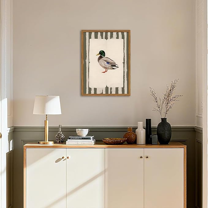Framed Vintage Mallard Duck Wall Art, Country Farmhouse Duck Pictures Wall Decor, Rustic Wildlife Animal Paintings Canvas Prints Cottagecore Home Decor for Living Room Bedroom nursery 16x24 inch