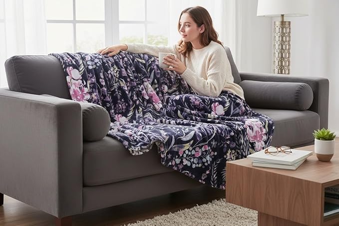 Floral Fleece Throw Blanket: Flowers Velvety Soft Vibrant Botanical Accent for Couch or Bed, Colors: Dark Navy Blue Pink Purple Yellow Green White, Oversized 50" x 70"