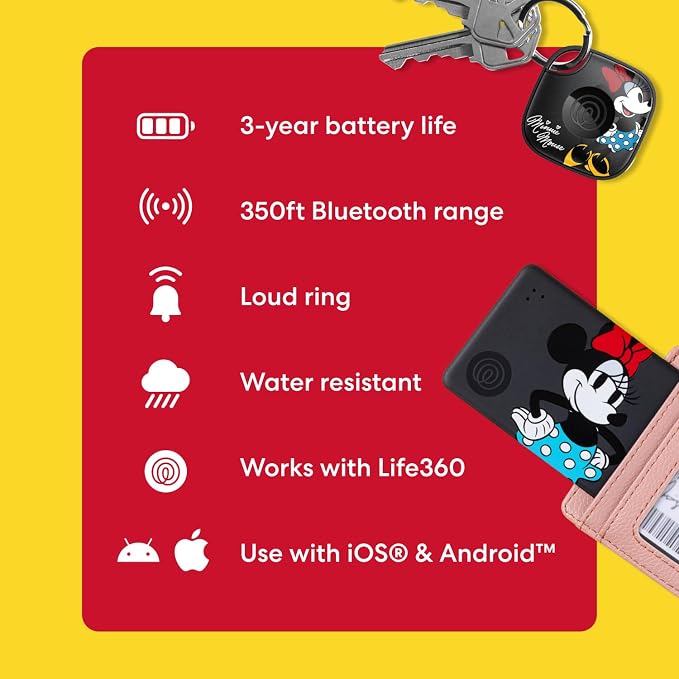 Life360 Tile Starter Pack - Minnie Mouse - Bluetooth Trackers and Item Finders for Keys, Wallets & More. Both iOS and Android Compatible. Phone Finder. 2-Pack (Black Mate/Slim)
