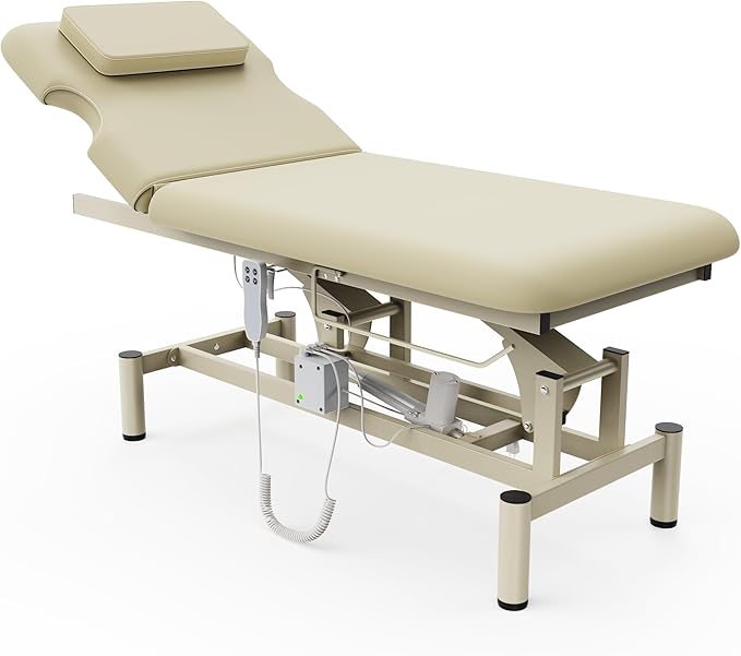 Professional Electric Massage Table, 2 Motors Hydraulic Electric Lift Adjustable Backrest and Height Lifting Functions for Treatment/Physical Therapy/Spinal Massage/Facial Spa/Waxing - Beige Gray