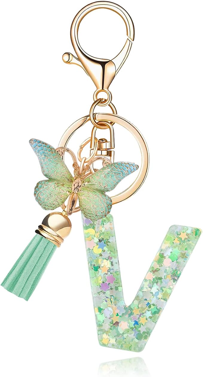 Fashion Alphabet Initial Letter Keychain Tassel Butterfly Pendant Key Ring for Purse Handbags Women Girl