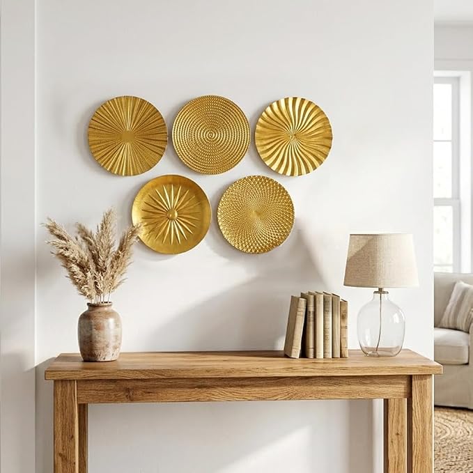 Briful 12" Gold Wall Décor Pack of 5 Metal Starbursts Radial Plate Wall Art Modern Accent Hanging Wall Decorations For Home Office Bedroom Or Living Room Sculptures