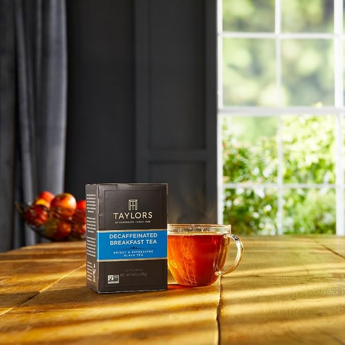 Taylors of Harrogate Decaffeinated Breakfast, Black Tea, Pillow Bags, 50 Count (Pack of 6), Rich, Bright & Balanced, Decaffeinated, Enjoy Hot or Iced, 300 Teabags Total