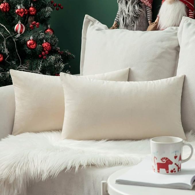 MIULEE 12x24 Inch Lumbar Velvet Throw Pillow Cover Set of 1 Cream White | Soft Luxury Decorative Throw Pillow Cover, Single Rectangle Cushion Case, Home Decor for Chair Couch Sofa Bedroom Car Bed