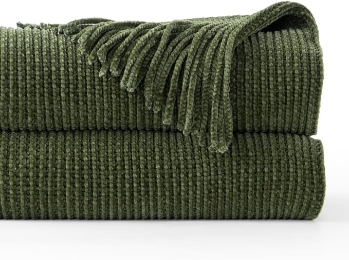 BATTILO HOME Olive Green Throw Blanket for Couch, 60"x80" | Soft Chenille Knit Throws with Tassels for Home Decor, Dark Green Blankets and Throws for Bed Couch Cover
