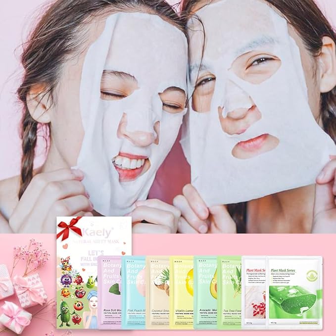 evpct 8-Pack Fruit Sheet Face Facial Masks for Women Skincare Spa, Facial Spa Day Slumber Sleepover Birthday Party Favors Supplies Kit, Natural Ingredients, Hydrate and Soothe for All Skin Types, B02