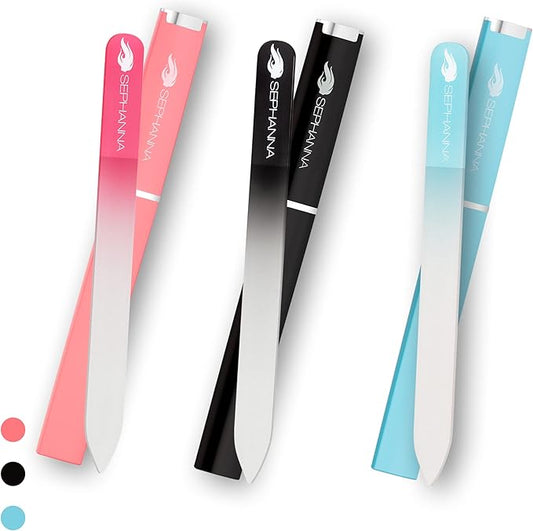 Premium Crystal Glass Nail File for Natural Nails, Professional Glass Nail Files with case for Unisex, Portable Glass Nail File Double Sided for Natural & Acrylic Nail Care (Black, Blue & Pink)