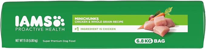 IAMS Proactive Health Adult Minichunks Dry Dog Food, Chicken, 15 lb | Real chicken #1 ingredient, no fillers, natural fiber & prebiotics, Omega-6 fatty acids, antioxidants for immune support