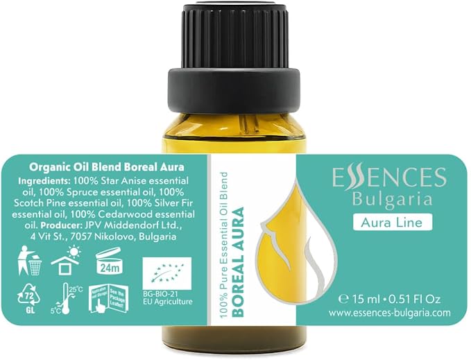 Essences Bulgaria Boreal Aura Organic Essential Oil Blend 0.5 Fl Oz | 15ml | Silver Fir, Scotch Pine, Norway Spruce, Star Anise, Cedarwood | Aromatherapy, Sauna & SPA | 100% Pure & Natural | Undiluted