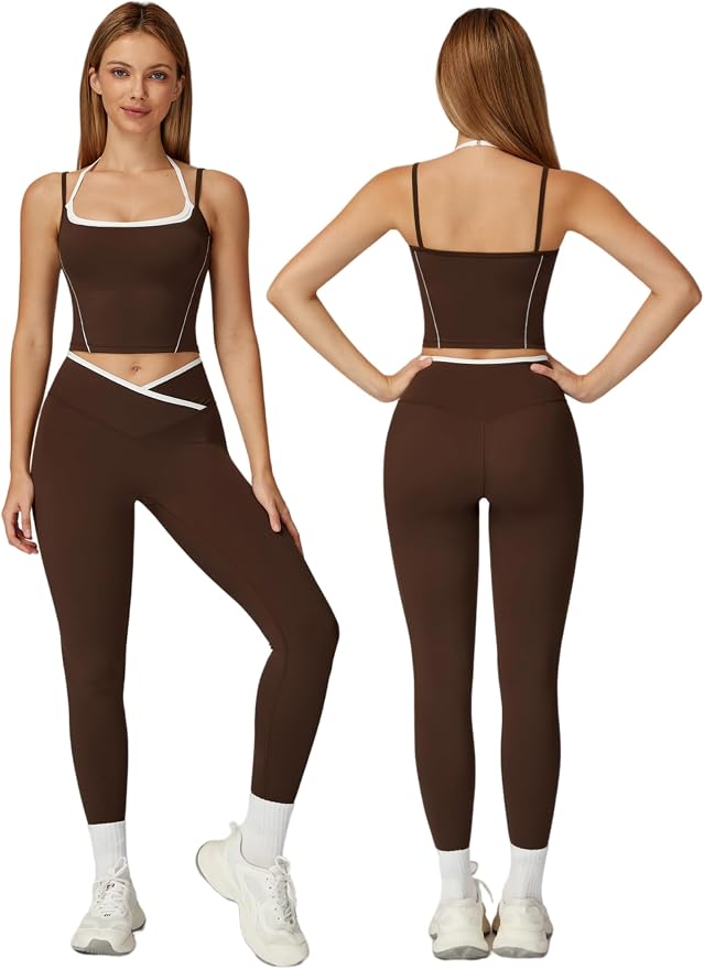 ABOCIW Workout Sets for Women 2 Piece Color Block Strappy Sports Bra High Waist Shorts Gym Yoga Pilates Outfits