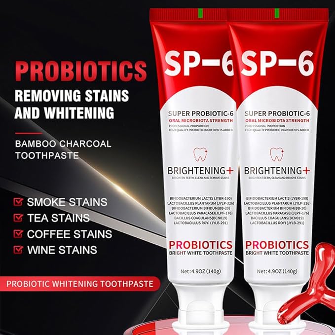 SP-6 Probiotic Whitening Toothpaste – Advanced Formula with 6 Probiotics for Teeth Whitening & Gum Health, Fluoride-Free, Enamel-Safe, Fresh Mint Flavor, 4.9oz (2 Pack)