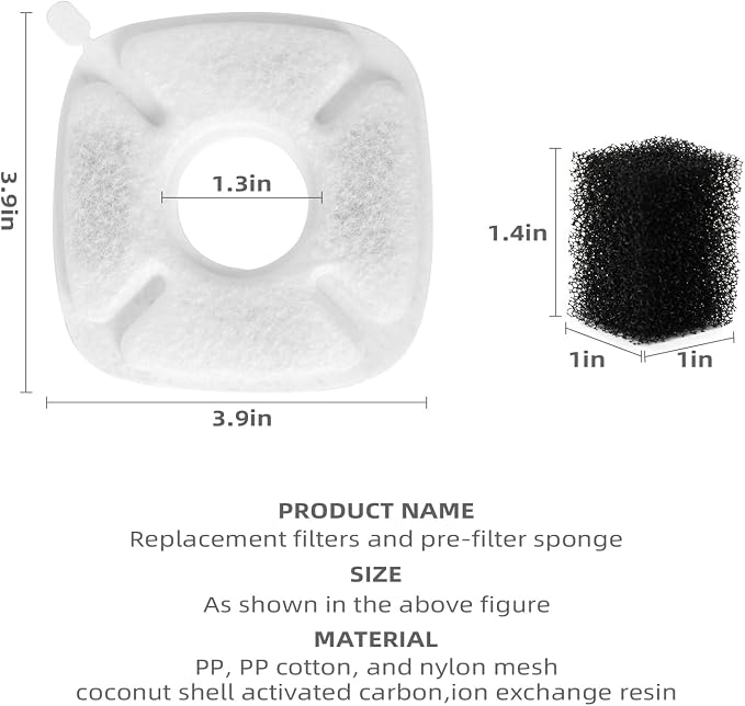 Cat Water Fountain Filter Pet Drinking Fountain Filter, Compatible with 67/95/135/85oz Automatic Pet Dispenser, Triple Filtration Dog Fountain Filter, 4 Pack (4 Carbon Filters+4 Sponge Filters)
