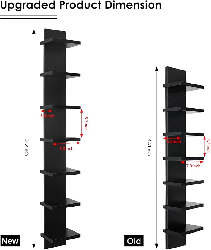 7 Tier Vertical Wall Shelf for Room Decor - Floating Shelves for Wall, Makeup Vanity, Perfect Display Storage for Small Spaces, Black Decorative Shelves