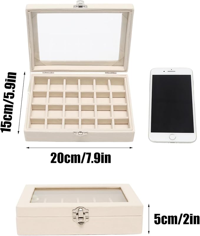 Small Velvet Jewelry Tray with Clear Lid, 24 Grids Beige | Lockable Ring Earring Holder Organizer Storage Box Case Jewelry Box Organizer for Rings Earrings Bracelets Brooches