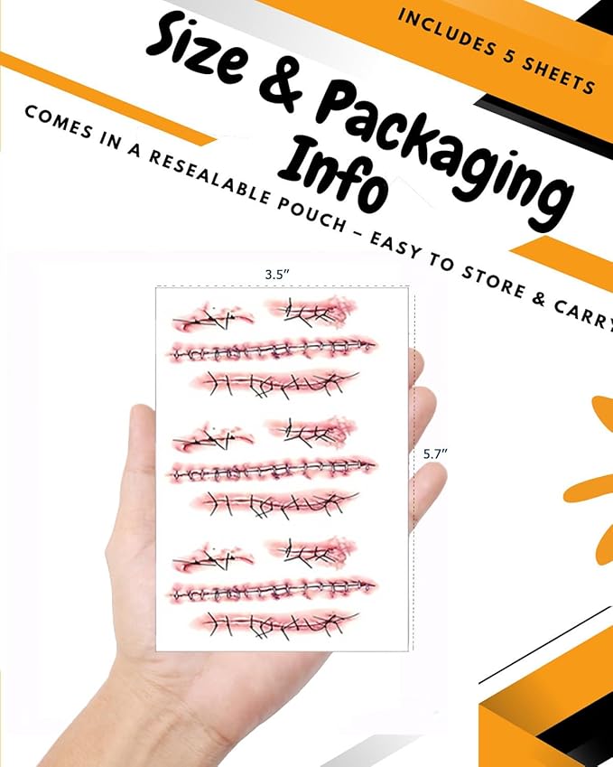 Horror Realistic Fake Bloody Wound Stitch Scar Scab Waterproof Temporary Tattoo Sticker Halloween Masquerade Prank Makeup Props (5 Sheets Stitching Tattoo)