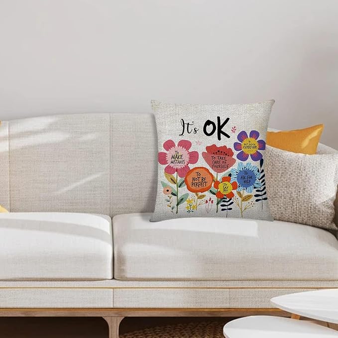 Littlefa It's OK Inspiring Flower Throw Pillow Cover Decorative Pillowcase | Motivational Cute Decorative Pillow Cover for Girls Kids,Mental Health Inspirational Saying Pillow Cover for Conseling Office