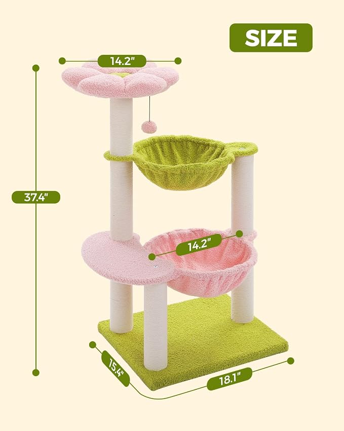 37.4" Flower Cat Tree with 2 Hammocks & 6 Sisal Posts, Pink | Flower top perch, 2 spacious hammocks, 6 sisal posts, Cute small tower, For indoor kittens, Sturdy build