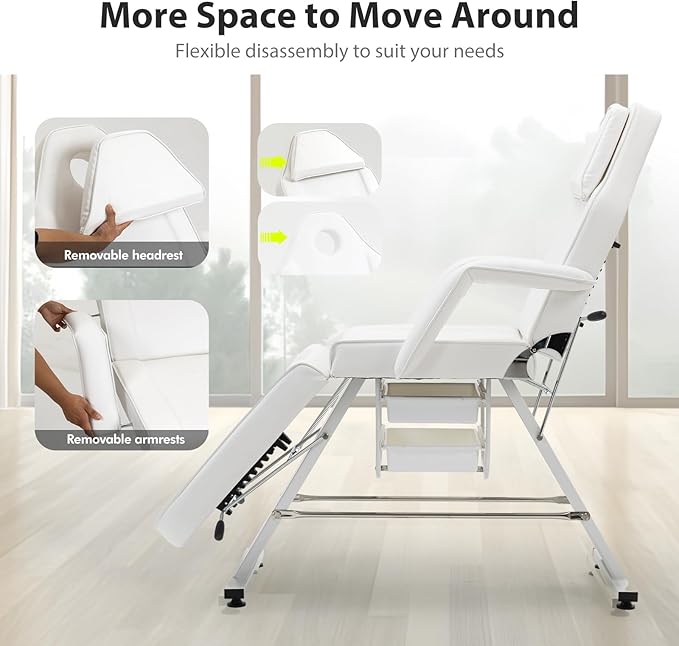 Facial Bed Tattoo Chair with Two Trays Esthetician Beds Adjustable Folding Salon Bed with Hydraulic Stool Massage Chair for Professional Massage Facial Lash Beauty Treatment Spa White