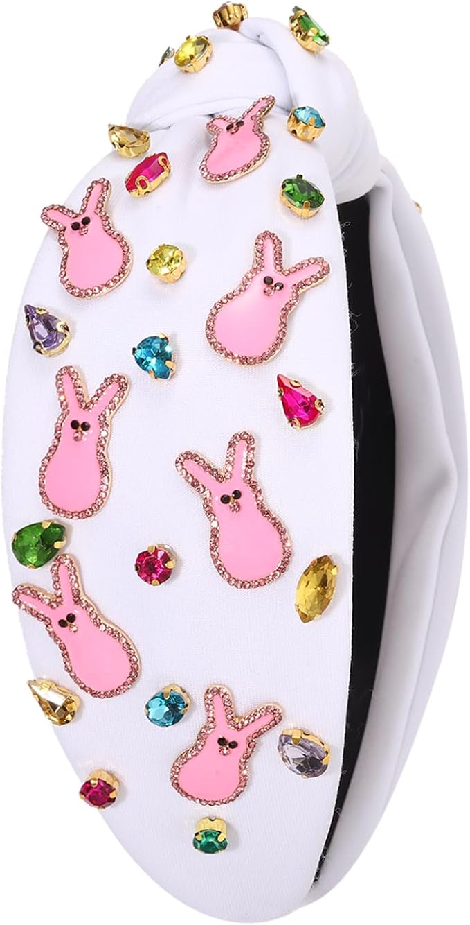 mokkia Easter Headbands Beaded Rabbit Bunny Headband for Women Pink Spring Knotted Headband Easter Hair Accessories Gifts