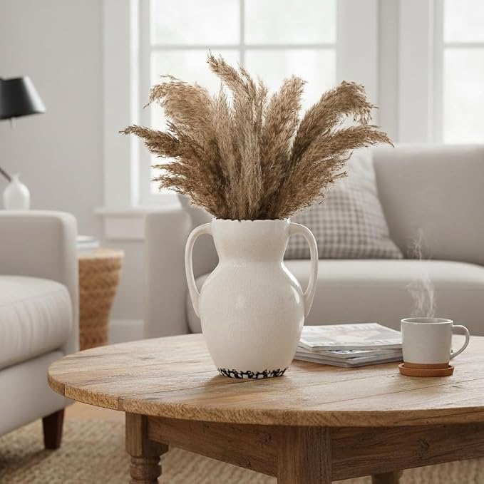 Emotionally Grounded Vase, Vaseking Large Ceramic Rustic Vase with 2 Handles, 8.3 inch Minimalist Decorative Farmhouse Vases for Home Decor, Living Room, Enterway, Table Decoration, Ice Cracked White
