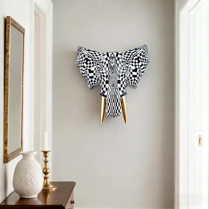 GIGICICI 9x7.8-Inch Vintage Mosaic Elephant Head Wall Sculpture Art Mount Statue for Room Bedroom Office Living Decor(Black White)